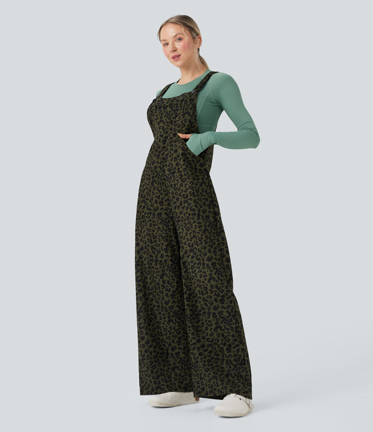 Leopard Print Corduroy Relaxed Casual Dungarees with Pockets — Gray Leopard Denim — view 4