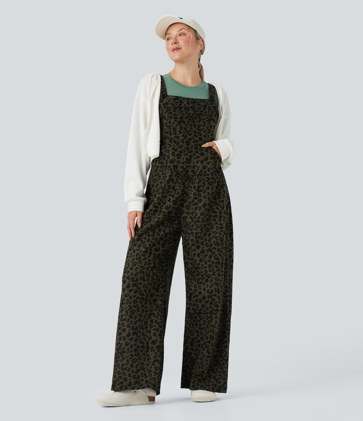 Leopard Print Corduroy Relaxed Casual Dungarees with Pockets — Gray Leopard Denim — view 1