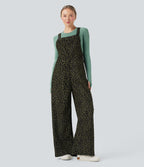 Leopard Print Corduroy Relaxed Casual Dungarees with Pockets — Gray Leopard Denim — view 3