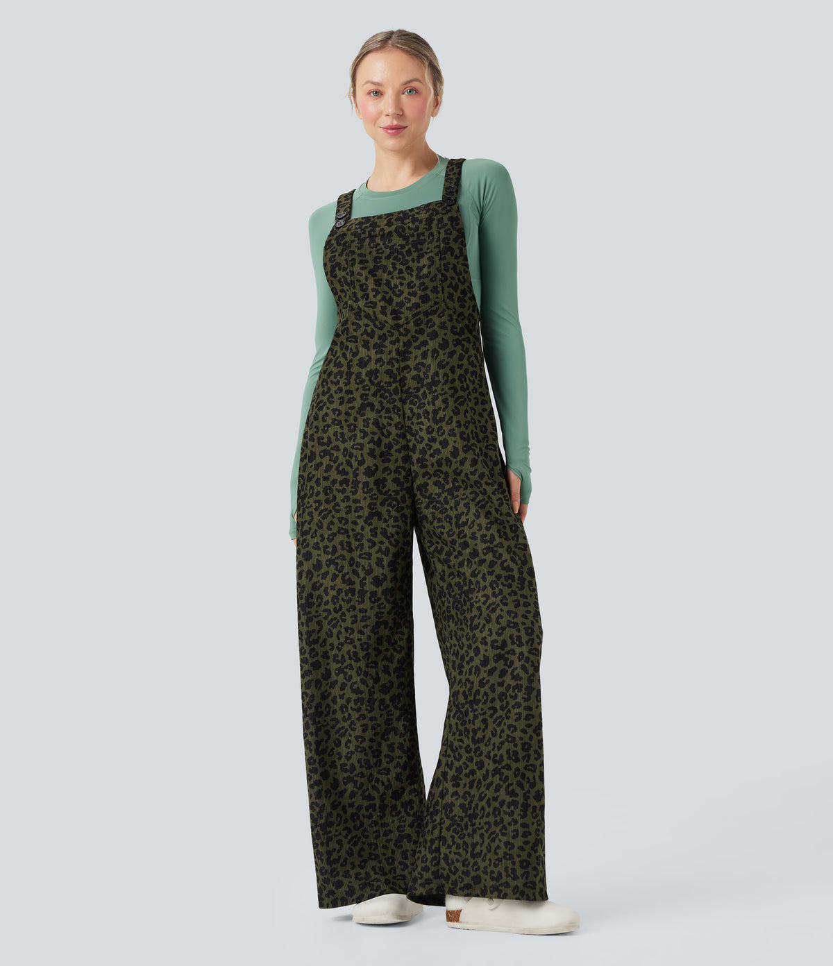Leopard Print Corduroy Relaxed Casual Dungarees with Pockets — Gray Leopard Denim — view 3