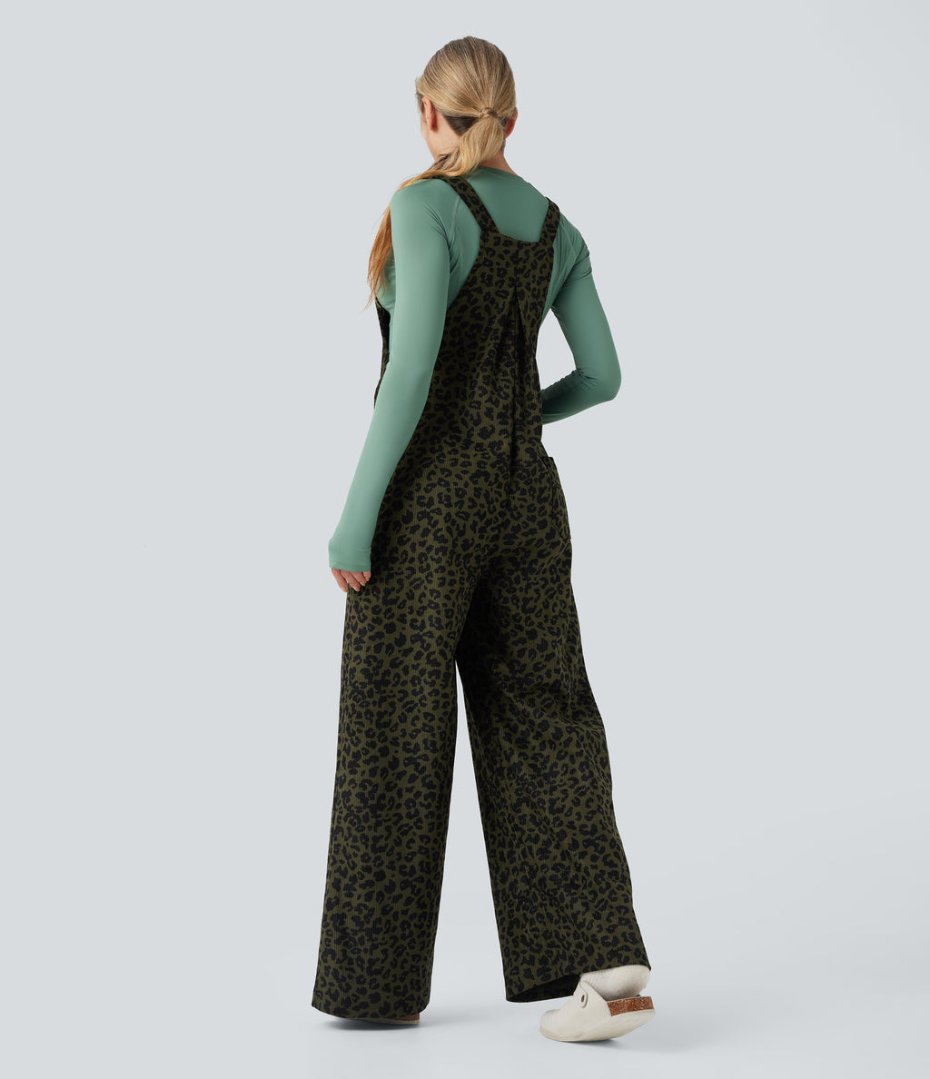 Leopard Print Corduroy Relaxed Casual Dungarees with Pockets — Gray Leopard Denim — view 2