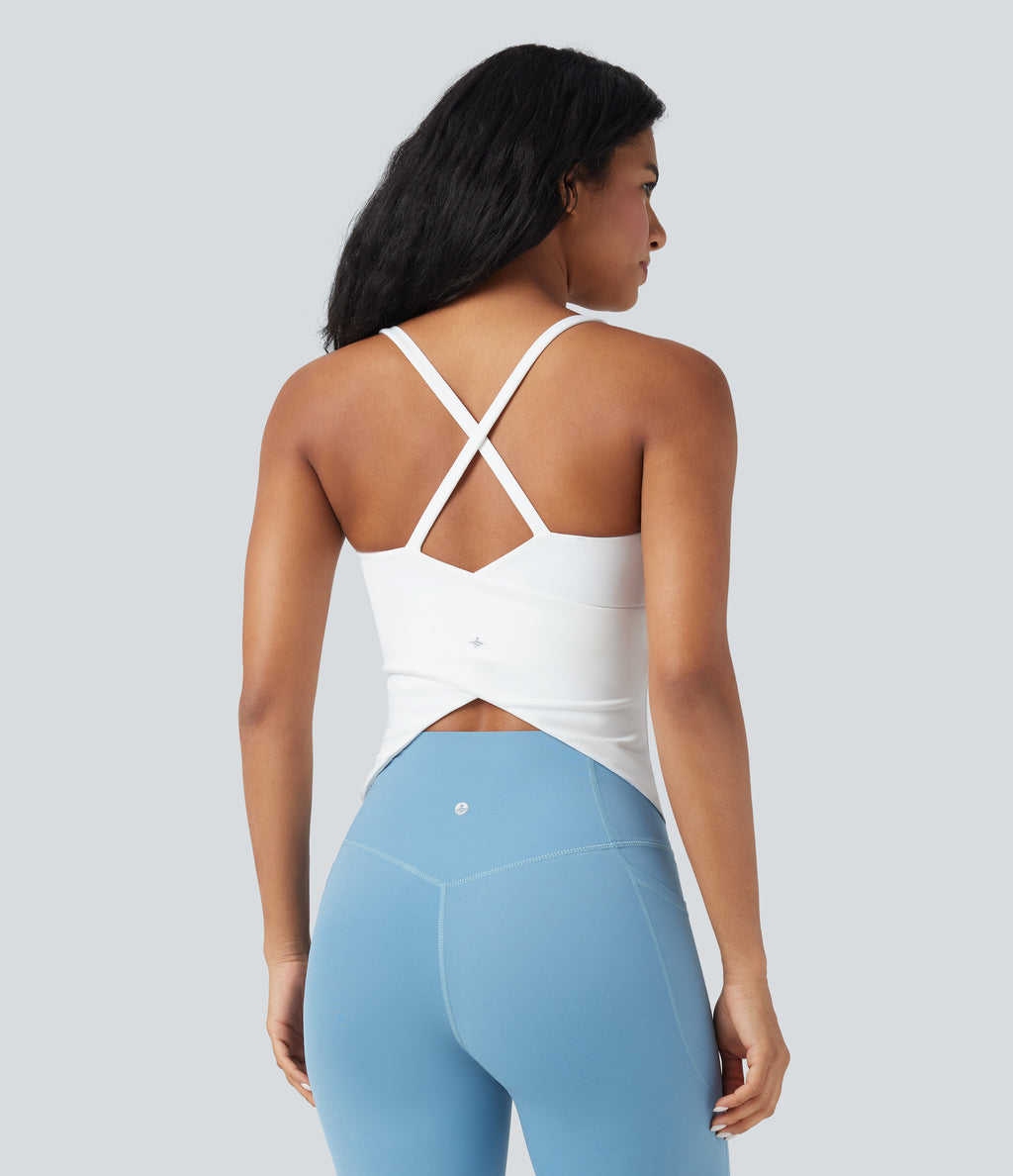 Scoop Neck Crisscross Back Crossover Hem Yoga Cami Top — White — view 5