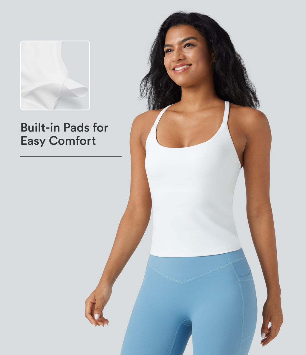 Scoop Neck Crisscross Back Crossover Hem Yoga Cami Top — White — view 3
