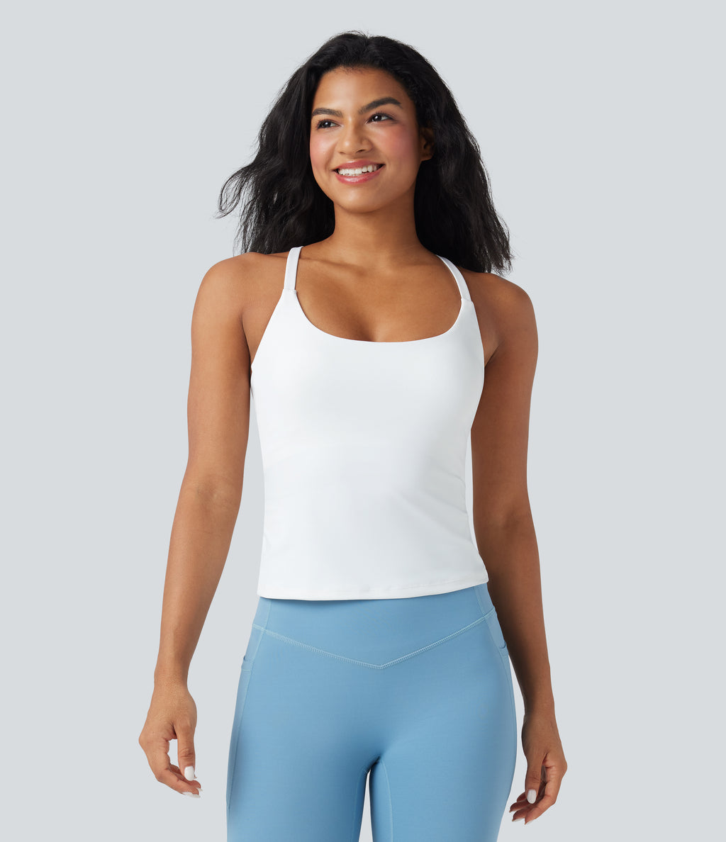 Scoop Neck Crisscross Back Crossover Hem Yoga Cami Top — White — view 2