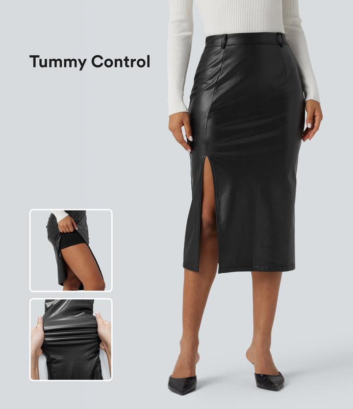 High Waisted Tummy Control 2-in-1 Midi Casual PU Faux Leather Skirt — Black — view 1