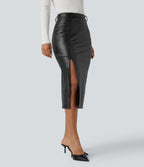 High Waisted Tummy Control 2-in-1 Midi Casual PU Faux Leather Skirt — Black — view 3