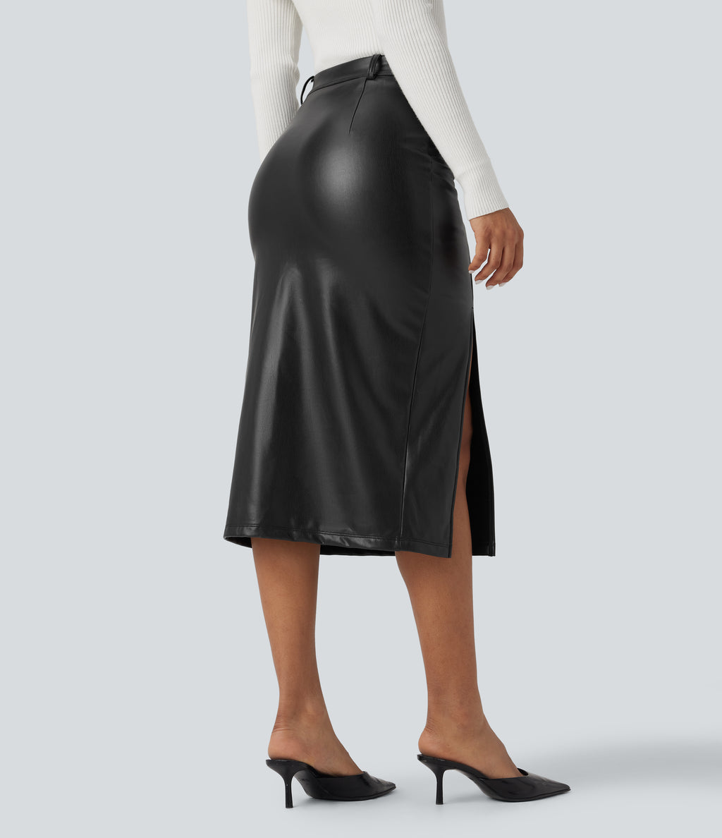 High Waisted Tummy Control 2-in-1 Midi Casual PU Faux Leather Skirt — Black — view 2