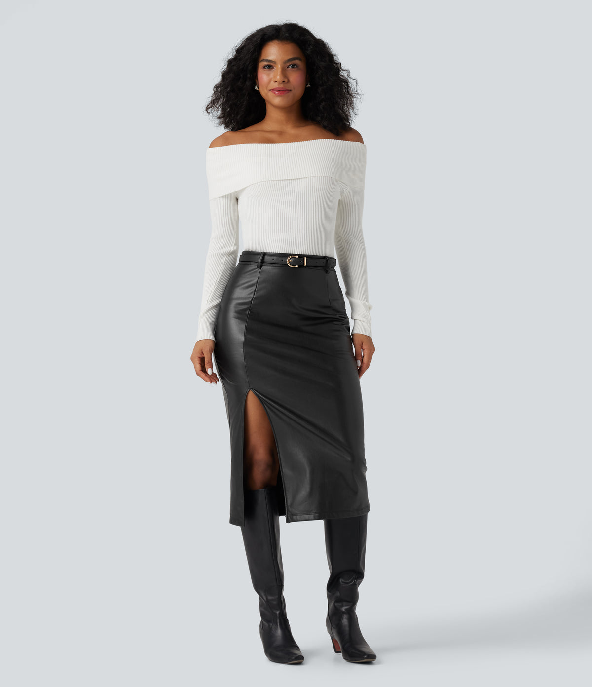 High Waisted Tummy Control 2-in-1 Midi Casual PU Faux Leather Skirt — Black — view 7