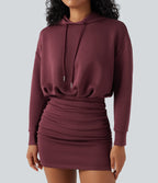 SpacerTek Long Sleeve Ruched Bodycon Mini Casual Hoodie Dress — Oxblood Red — view 5