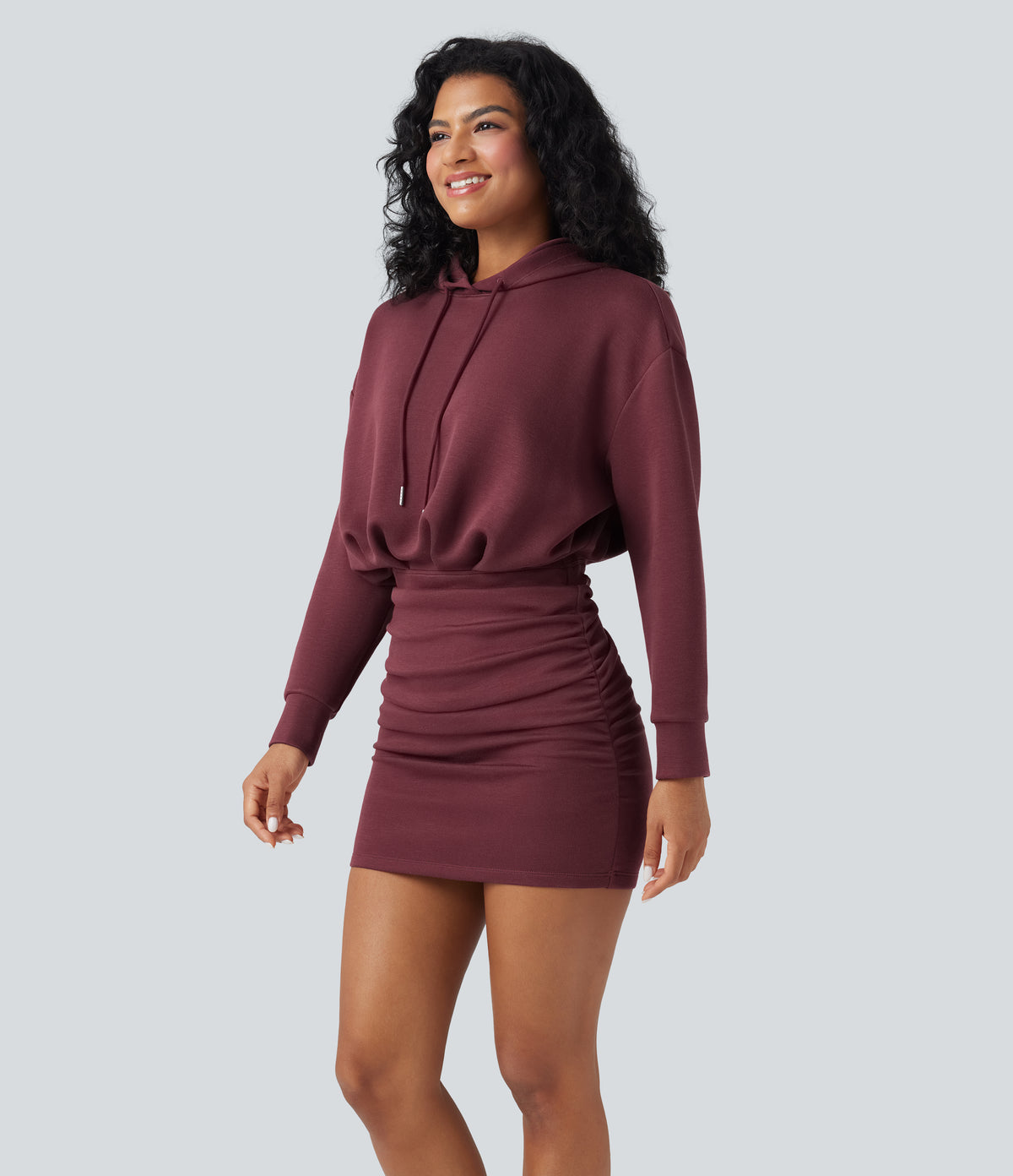 SpacerTek Long Sleeve Ruched Bodycon Mini Casual Hoodie Dress — Oxblood Red — view 3