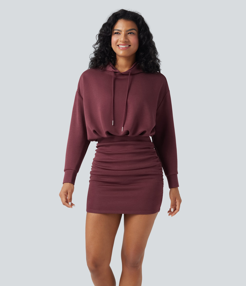 SpacerTek Long Sleeve Ruched Bodycon Mini Casual Hoodie Dress — Oxblood Red — view 1