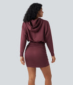 SpacerTek Long Sleeve Ruched Bodycon Mini Casual Hoodie Dress — Oxblood Red — view 2