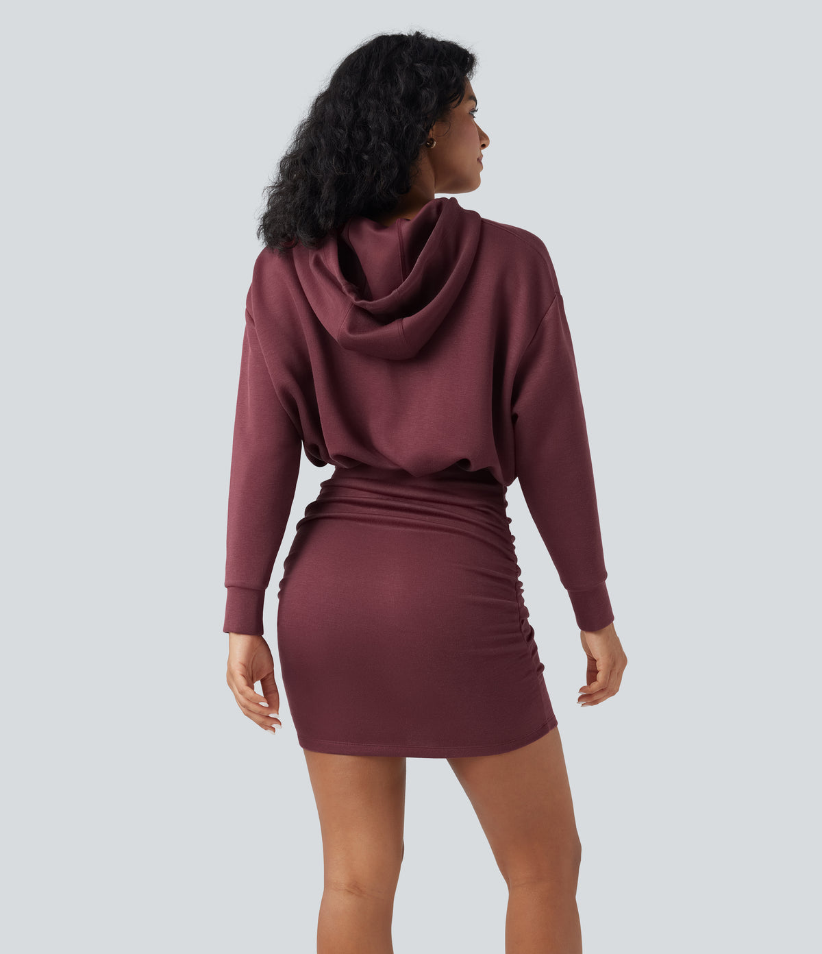 SpacerTek Long Sleeve Ruched Bodycon Mini Casual Hoodie Dress — Oxblood Red — view 2