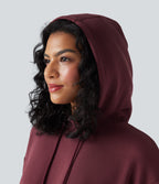 SpacerTek Long Sleeve Ruched Bodycon Mini Casual Hoodie Dress — Oxblood Red — view 4