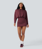 SpacerTek Long Sleeve Ruched Bodycon Mini Casual Hoodie Dress — Oxblood Red — view 7