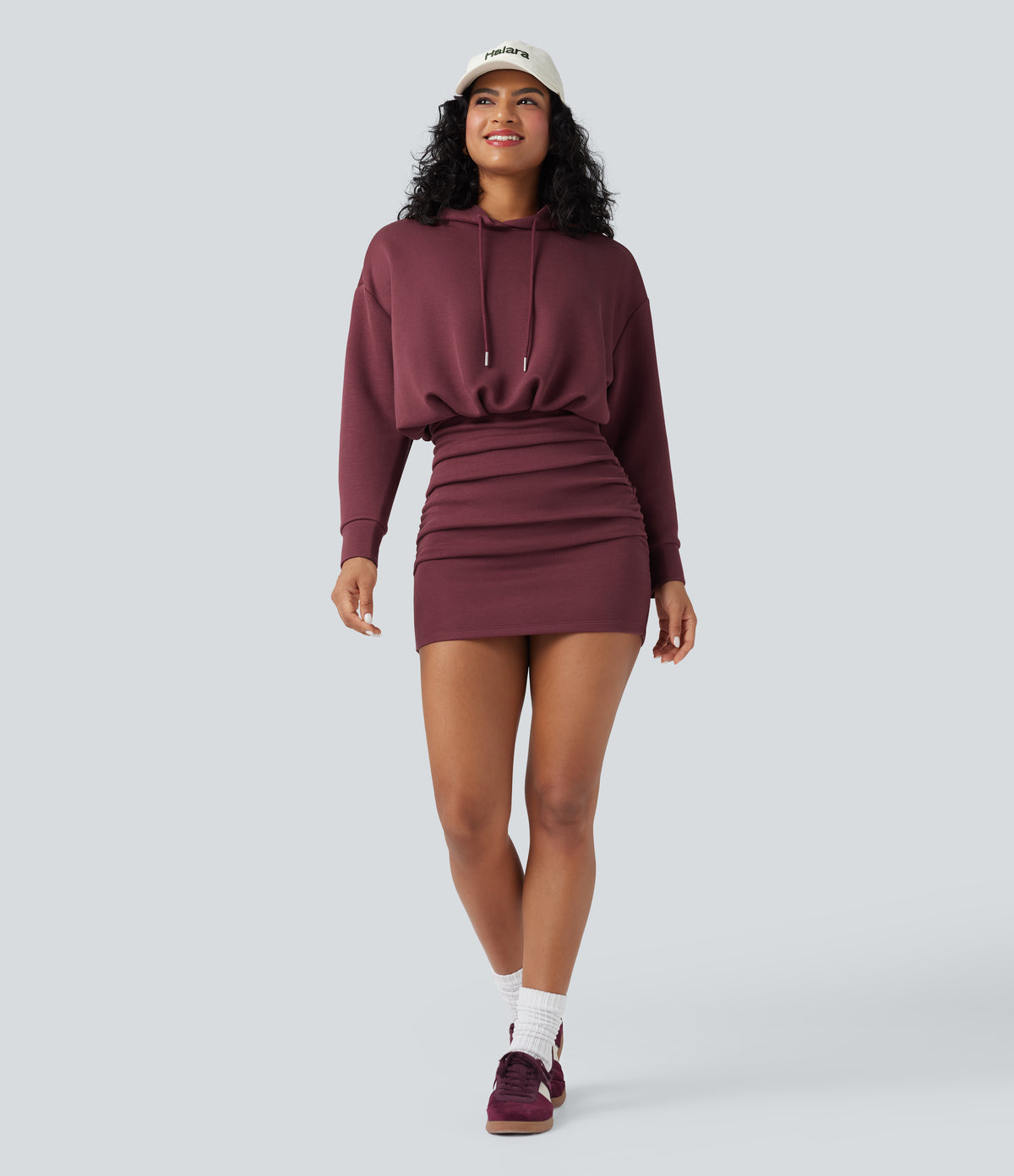 SpacerTek Long Sleeve Ruched Bodycon Mini Casual Hoodie Dress — Oxblood Red — view 7