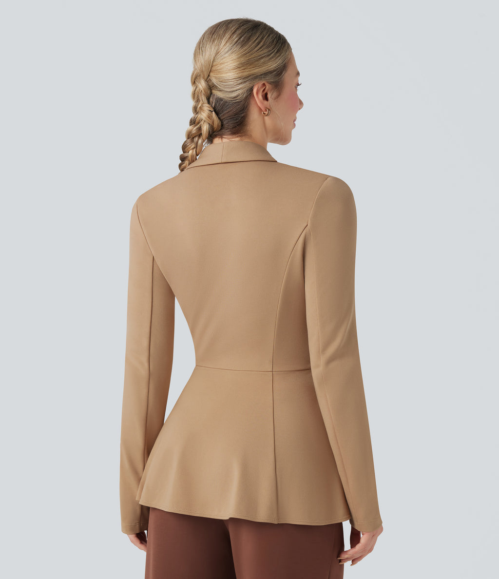 Shawl Collar Long Sleeve Ruffle Hem Work Coat — Tan — view 2