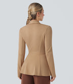 Shawl Collar Long Sleeve Ruffle Hem Work Coat — Tan — view 2