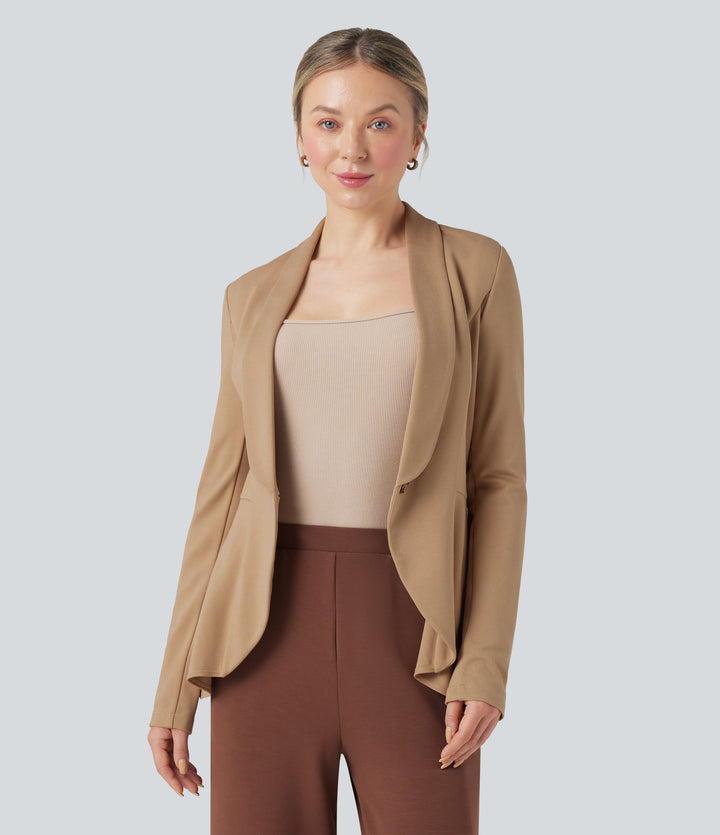 Shawl Collar Long Sleeve Ruffle Hem Work Coat — Tan — view 1