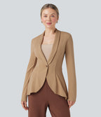 Shawl Collar Long Sleeve Ruffle Hem Work Coat — Tan — view 3