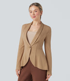 Shawl Collar Long Sleeve Ruffle Hem Work Coat — Tan — view 4