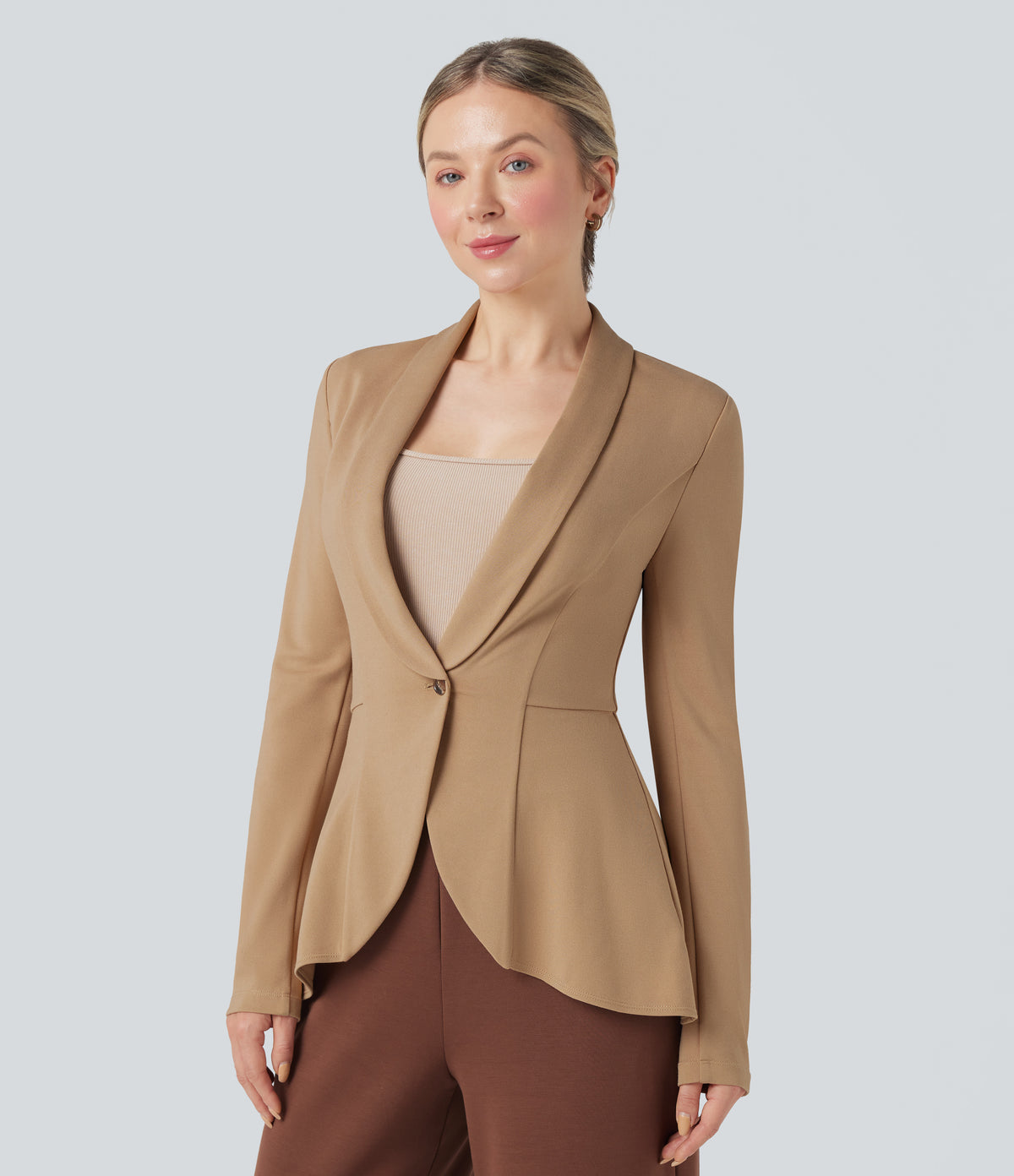 Shawl Collar Long Sleeve Ruffle Hem Work Coat — Tan — view 4