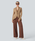 Shawl Collar Long Sleeve Ruffle Hem Work Coat — Tan — view 7