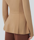 Shawl Collar Long Sleeve Ruffle Hem Work Coat — Tan — view 6