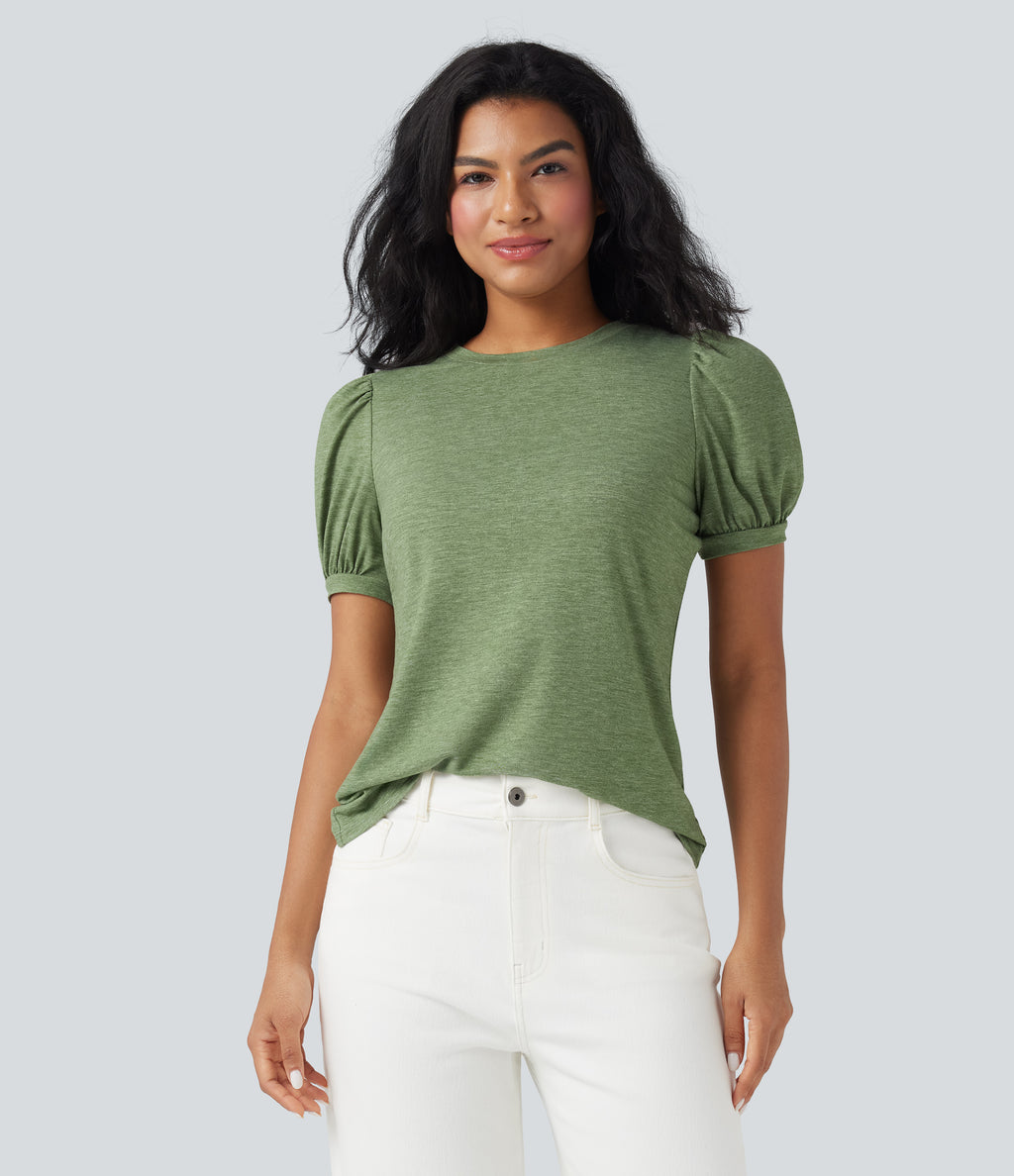 Round Neck Short Puff Sleeve Casual Top — Light Green Floral Yarn — view 7