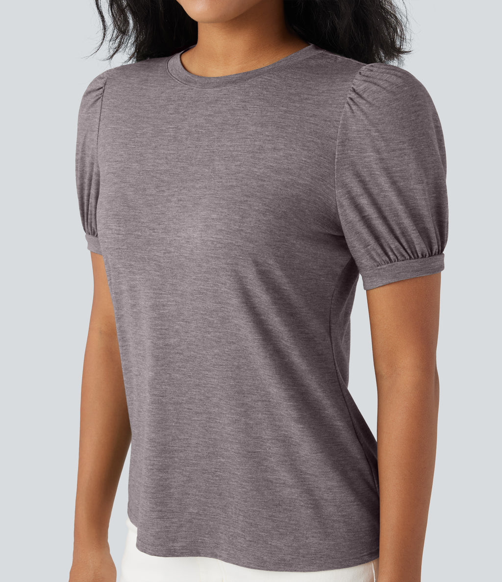 Round Neck Short Puff Sleeve Casual Top — Deep Tea Brown Floral Yarn — view 4