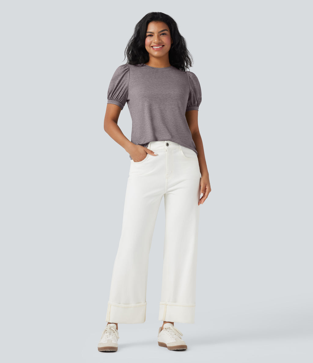 Round Neck Short Puff Sleeve Casual Top — Deep Tea Brown Floral Yarn — view 6