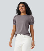 Round Neck Short Puff Sleeve Casual Top — Deep Tea Brown Floral Yarn — view 3