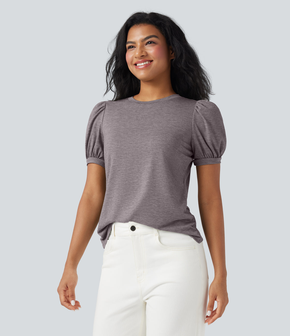 Round Neck Short Puff Sleeve Casual Top — Deep Tea Brown Floral Yarn — view 3