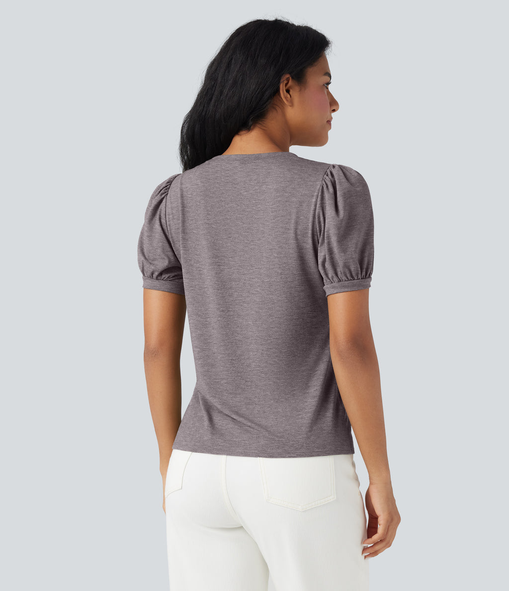 Round Neck Short Puff Sleeve Casual Top — Deep Tea Brown Floral Yarn — view 2