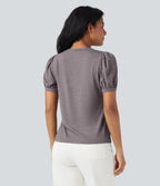Round Neck Short Puff Sleeve Casual Top — Deep Tea Brown Floral Yarn — view 2