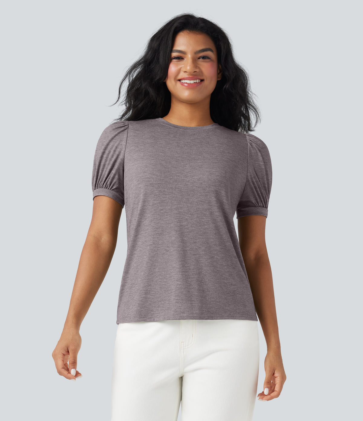 Round Neck Short Puff Sleeve Casual Top — Deep Tea Brown Floral Yarn — view 5