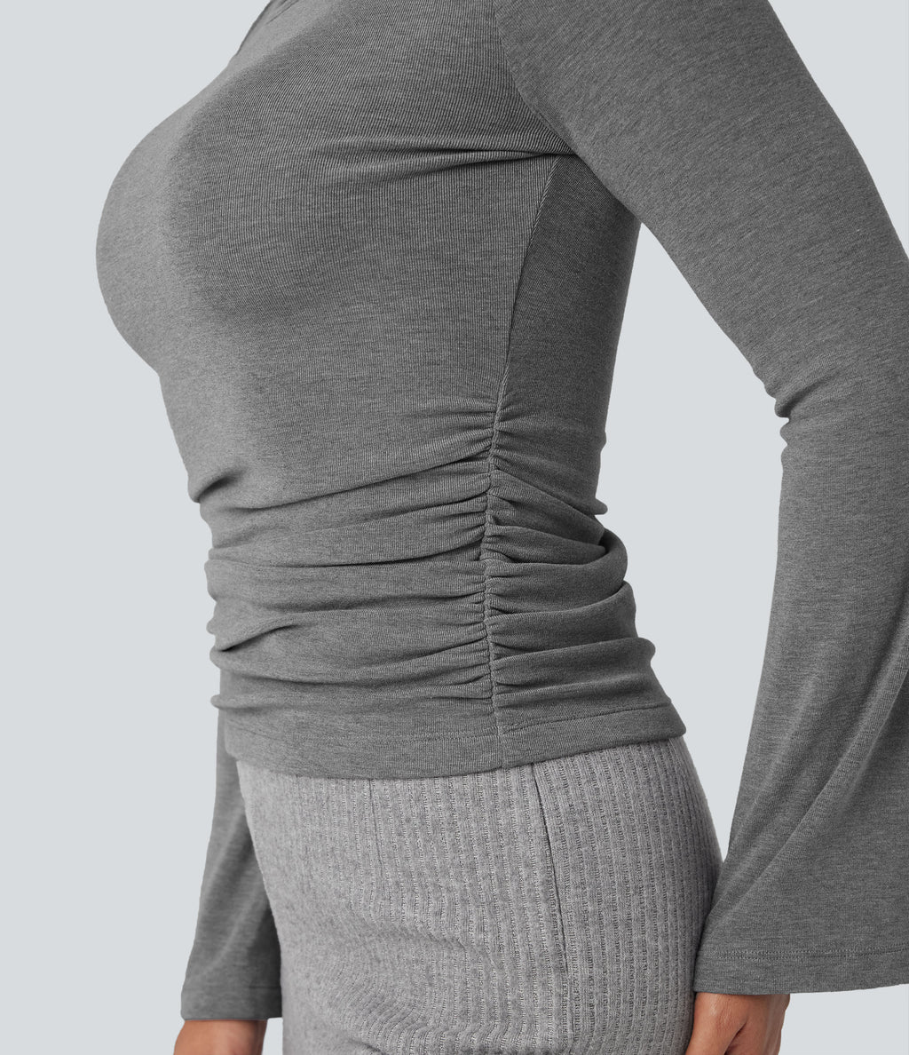 Boat Neck Long Sleeve Ruched Thermal Casual Top — Mottled Cloud Grey — view 4