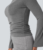 Boat Neck Long Sleeve Ruched Thermal Casual Top — Mottled Cloud Grey — view 4