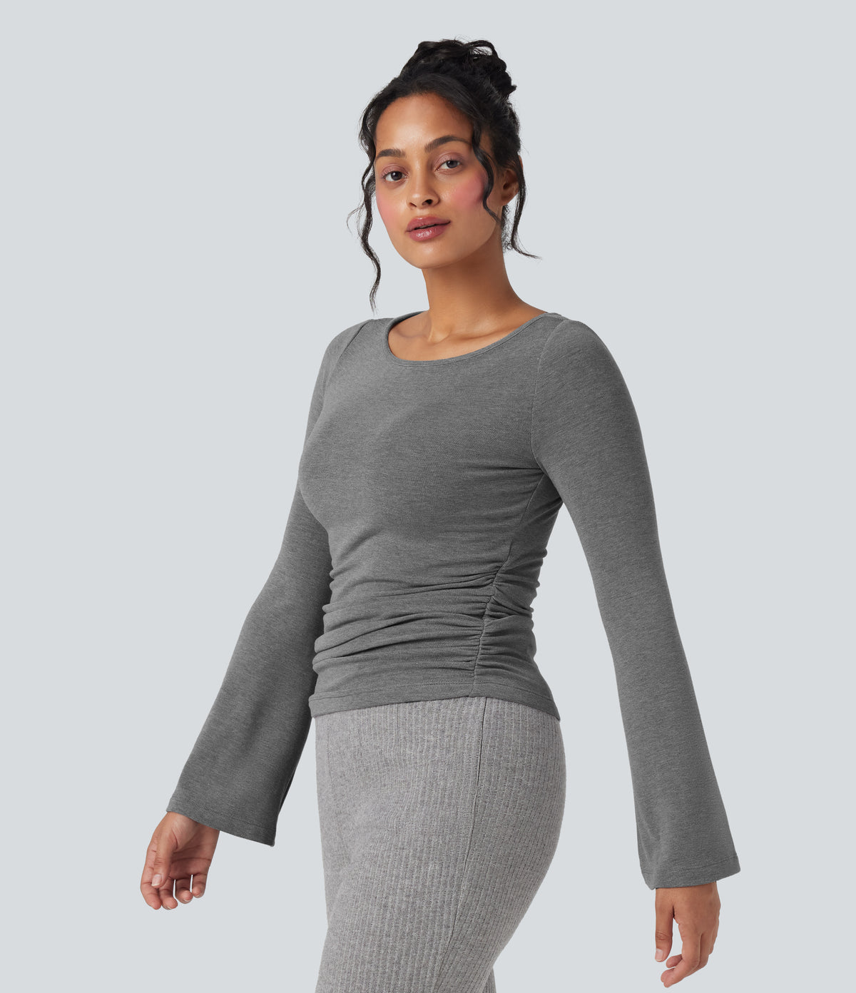 Boat Neck Long Sleeve Ruched Thermal Casual Top — Mottled Cloud Grey — view 5
