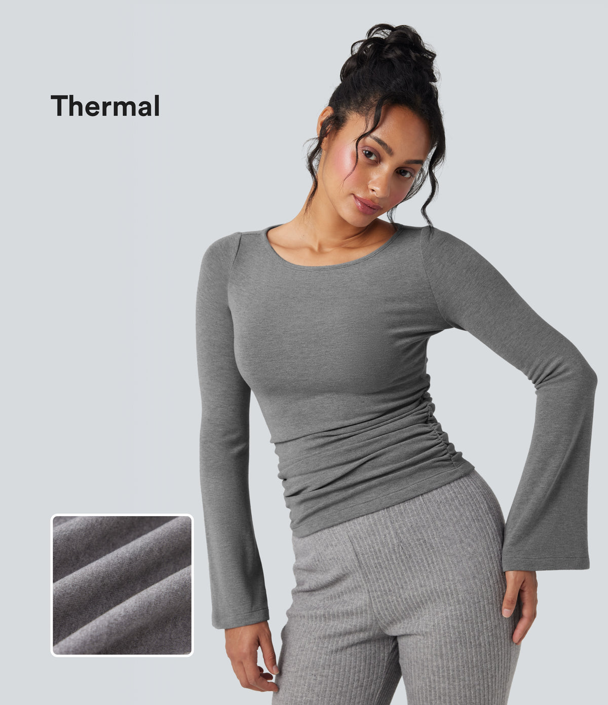 Boat Neck Long Sleeve Ruched Thermal Casual Top — Mottled Cloud Grey — view 1