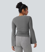 Boat Neck Long Sleeve Ruched Thermal Casual Top — Mottled Cloud Grey — view 2