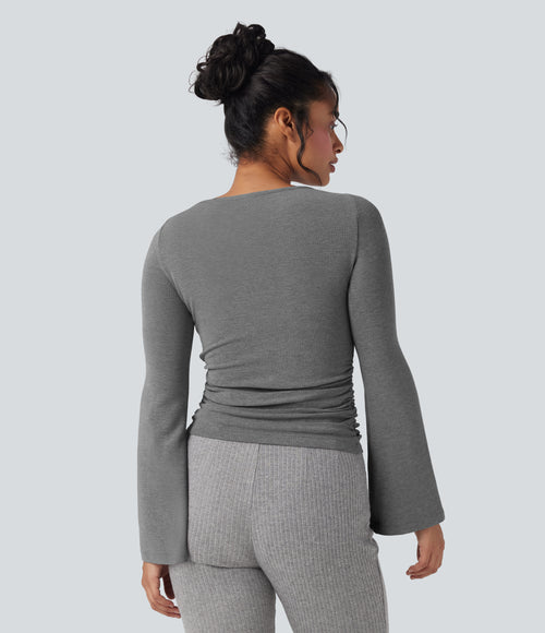 Boat Neck Long Sleeve Ruched Thermal Casual Top — Mottled Cloud Grey — view 2
