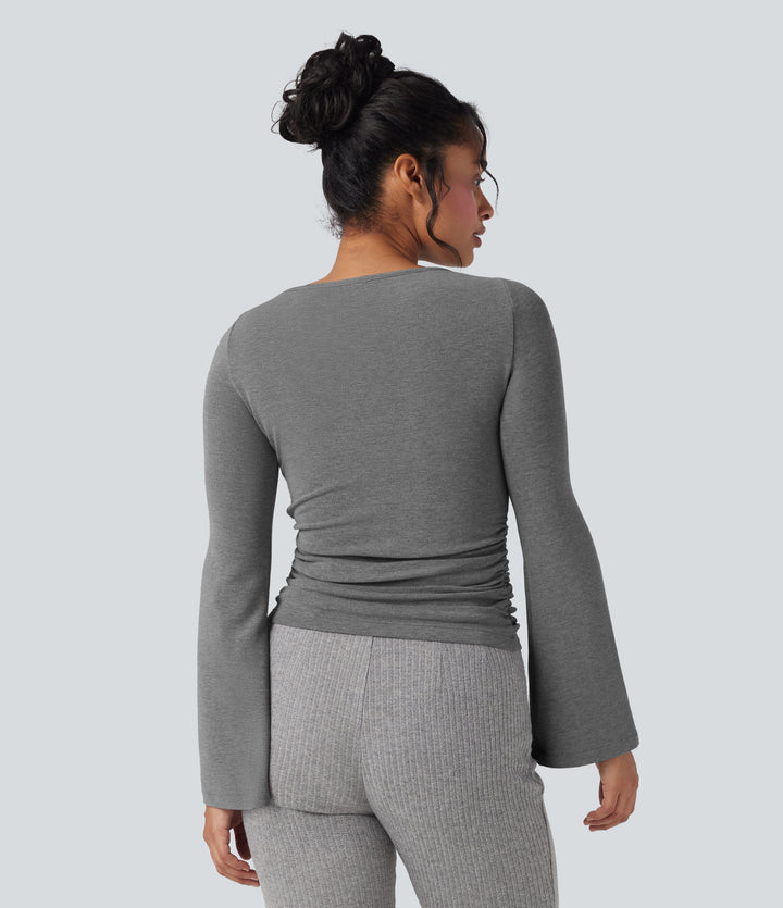 Boat Neck Long Sleeve Ruched Thermal Casual Top — Mottled Cloud Grey — view 2