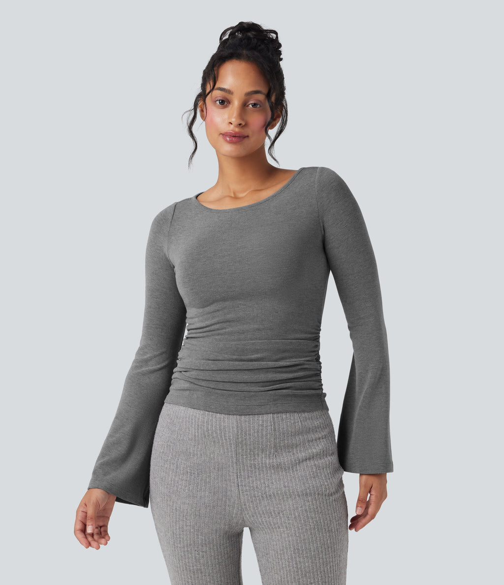 Boat Neck Long Sleeve Ruched Thermal Casual Top — Mottled Cloud Grey — view 3