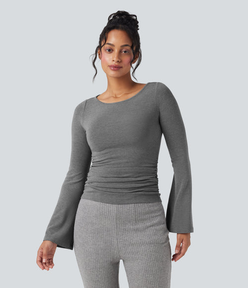 Boat Neck Long Sleeve Ruched Thermal Casual Top — Mottled Cloud Grey — view 3