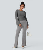 Boat Neck Long Sleeve Ruched Thermal Casual Top — Mottled Cloud Grey — view 6