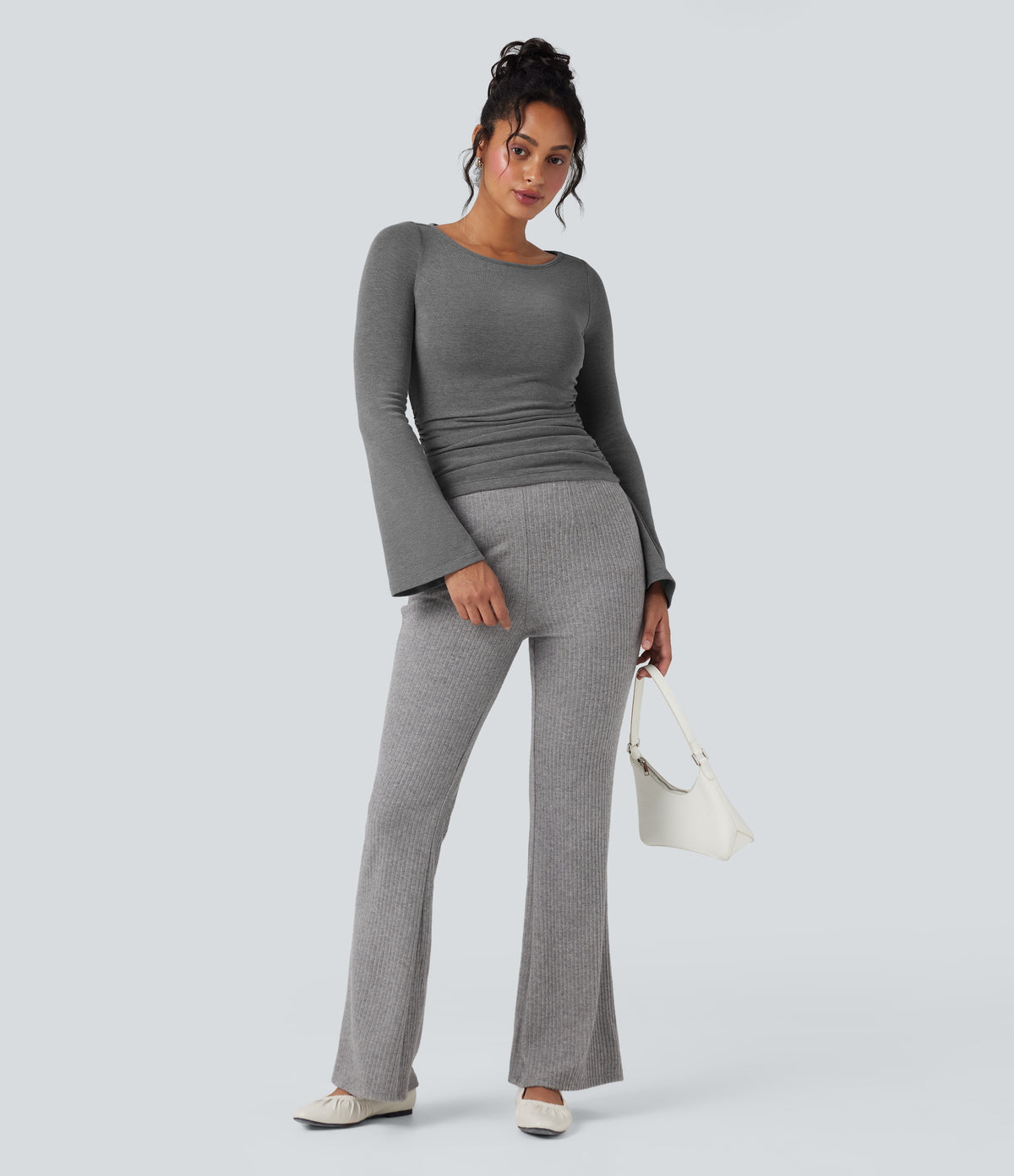 Boat Neck Long Sleeve Ruched Thermal Casual Top — Mottled Cloud Grey — view 6