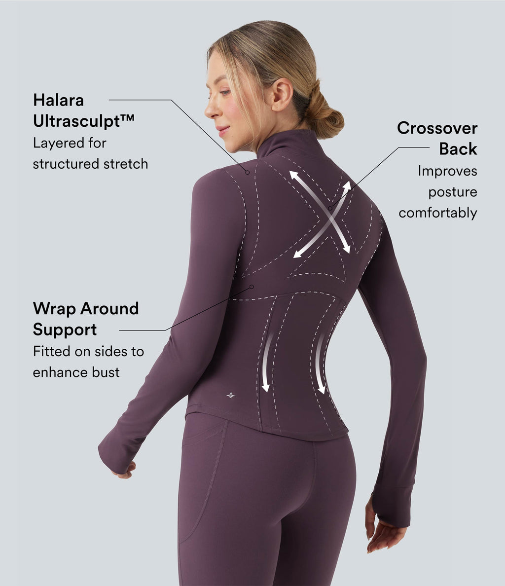 Mock Neck Push-Up Long Sleeve Thumb Hole Yoga Jacket with Pockets — Night's Purple — view 3