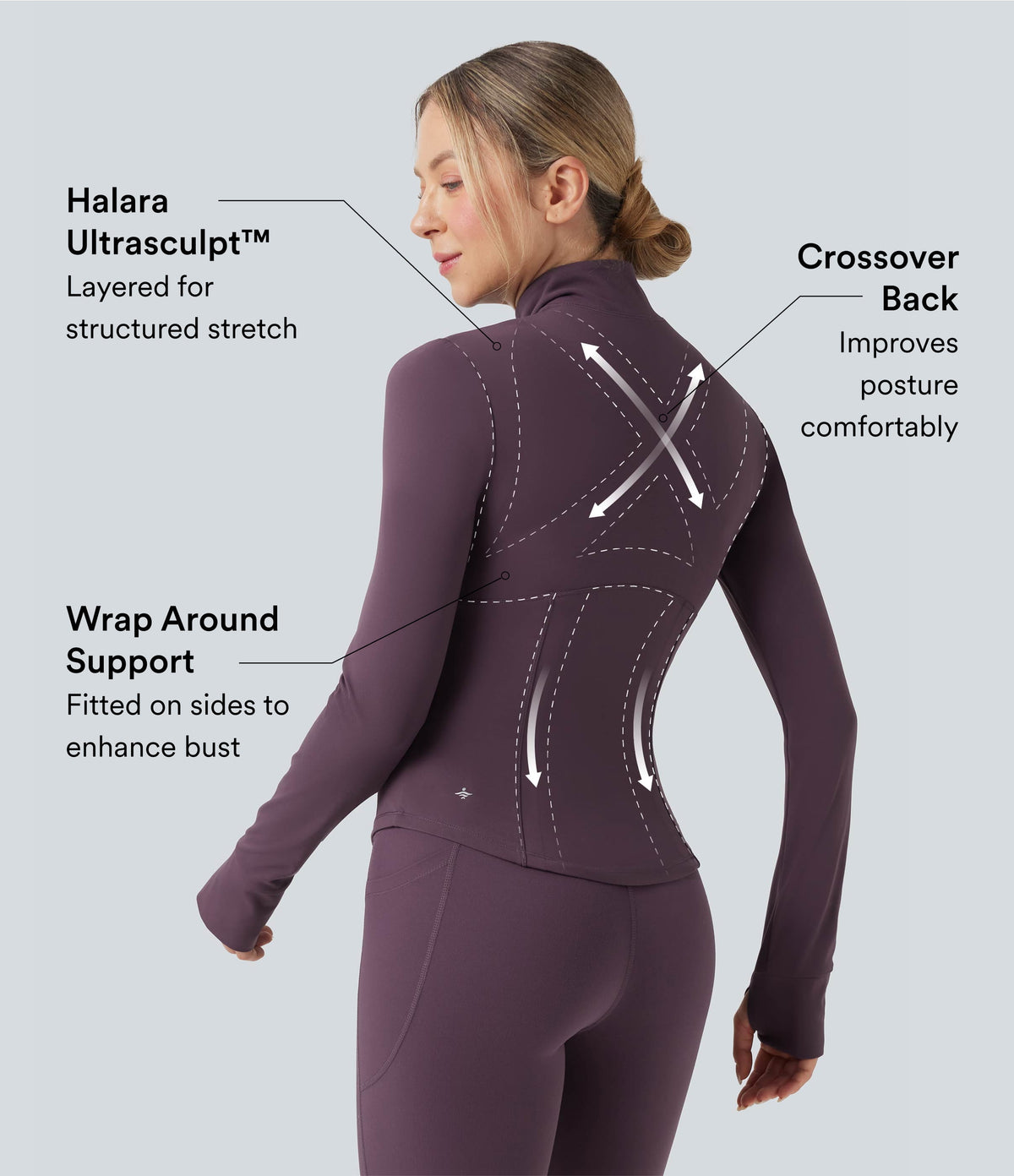 Mock Neck Push-Up Long Sleeve Thumb Hole Yoga Jacket with Pockets — Night's Purple — view 3