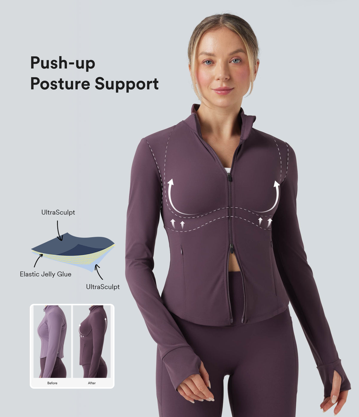 Mock Neck Push-Up Long Sleeve Thumb Hole Yoga Jacket with Pockets — Night's Purple — view 1